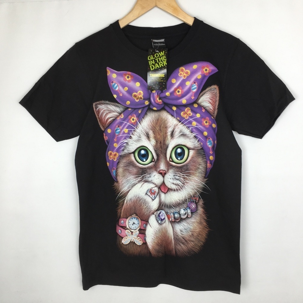 Thanabat Cat Art Glow In The Dark T-Shirt Cute Colorful Gift Novelty NEW Sz S